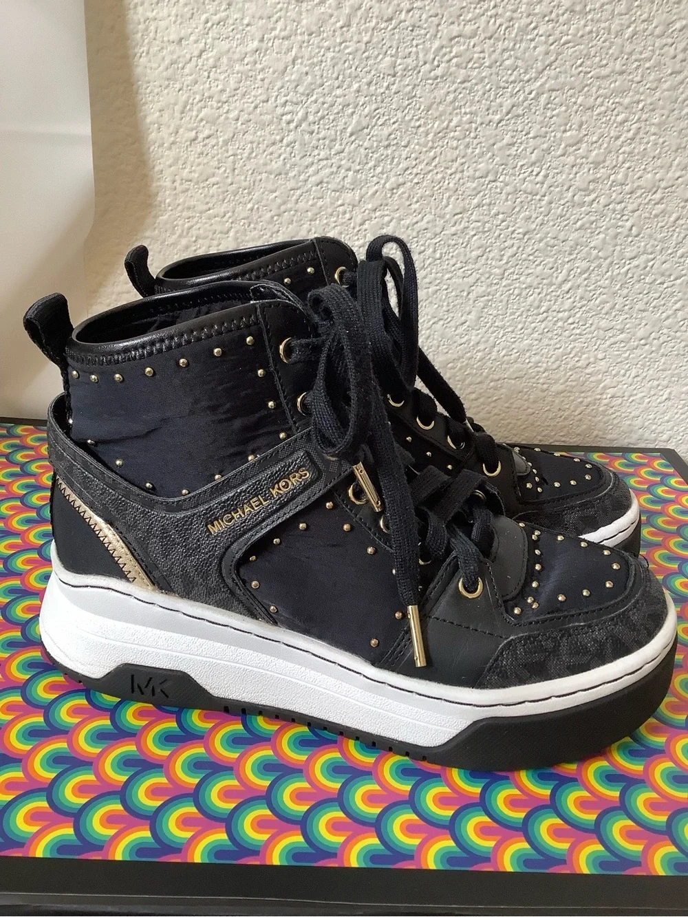 Michael Kors Lexi High-Top Platform Sneakers Black Gold Studs Size 5